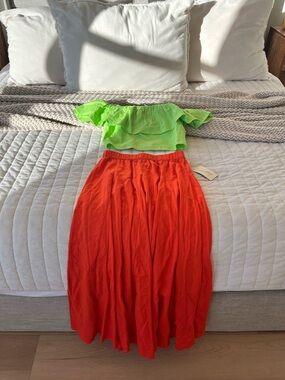 Bright Orange Maxi Skirt - Women's Flowy Full-Length Skirt and Neon Green Top